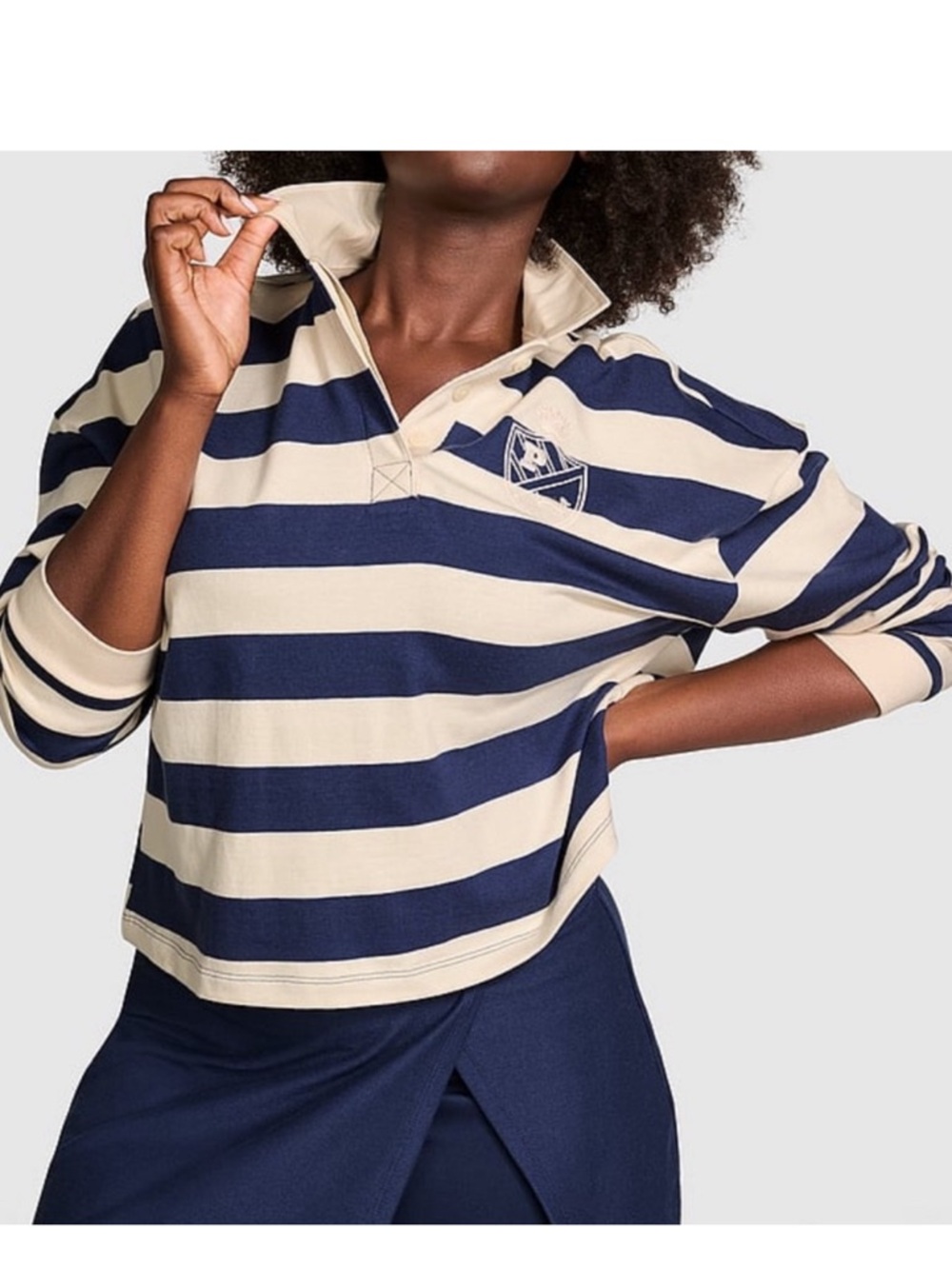 🦋 PINK Victoria's Secret Navy & Cream Striped Rugby cropped long-sleeve polo